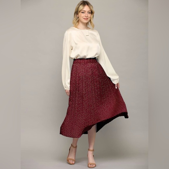 High Waist Polka Dot Pleated Midi Swing Skirt with Pockets -wine - Picture 4 of 6
